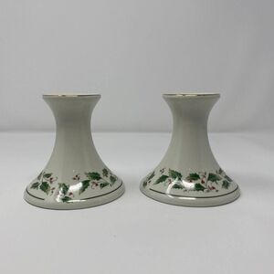 Christmas Candlesticks With Gold Trim And Holly Design Great Condition Japan